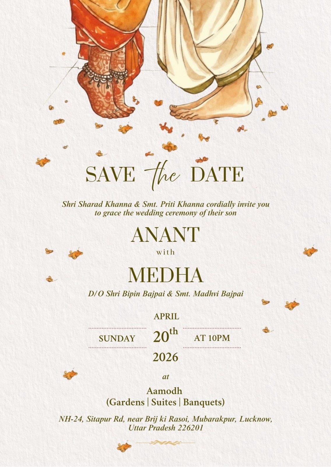 Save the Date invitation for the wedding of Medha & Anant on 20 April 2026 at Aamodh, Lucknow
